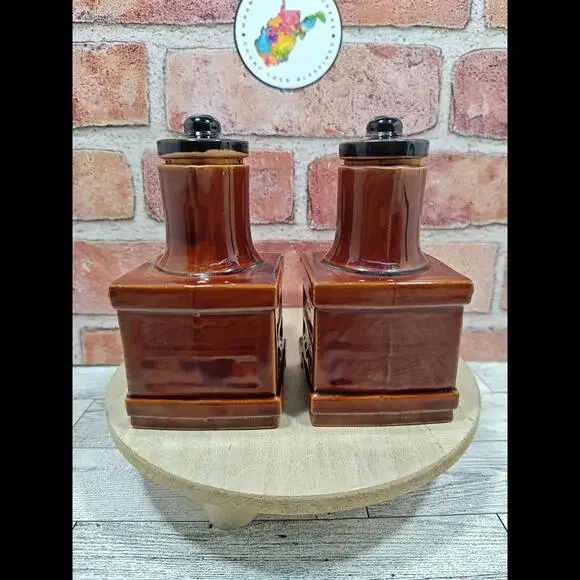 Vintage Brown Glaze Unique Oil And Vinegar Dispensers With Stoppers From Japan - Picture 4 of 10